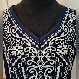 Semi Sheer Blue Sleeveless Top With Embroidered Neckline     Size XXL